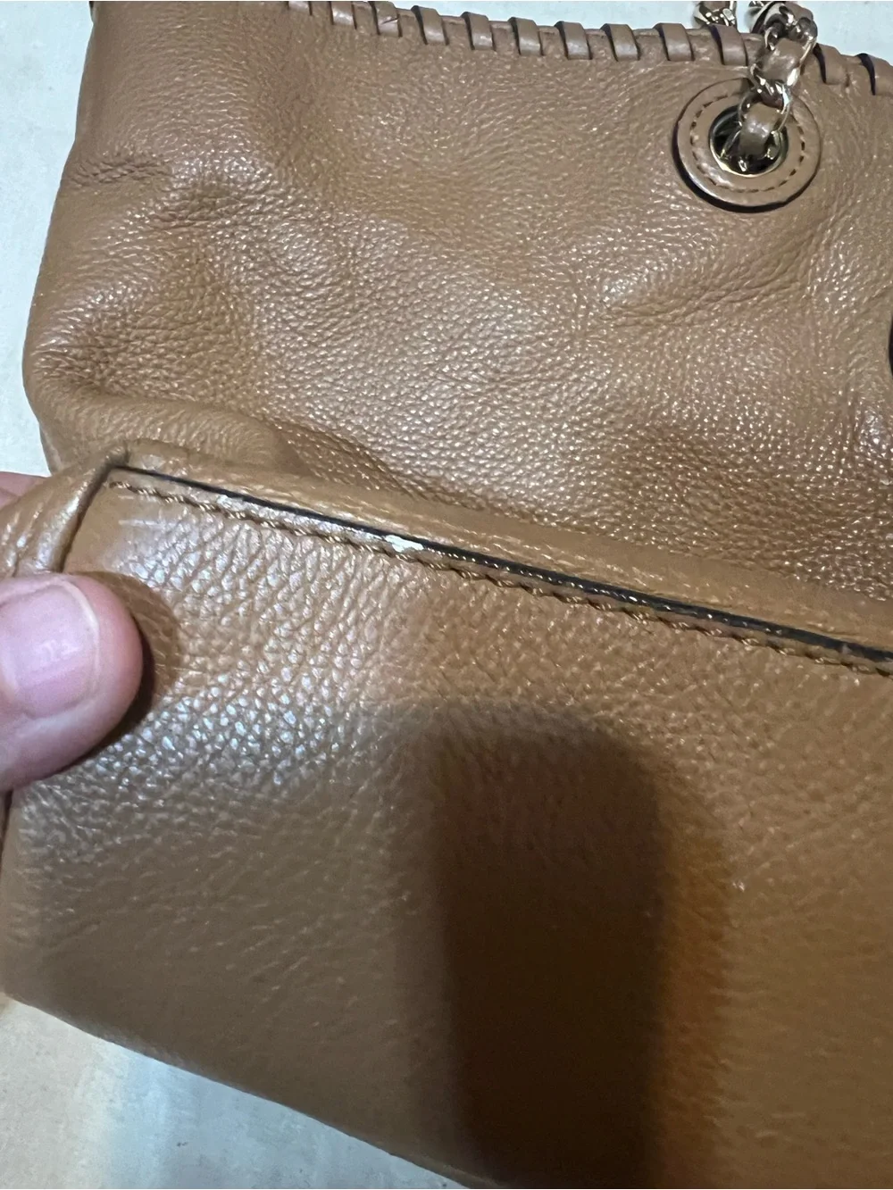 Tory Burch Tan Leather Chain-Handle Tote with Whipstitch Trim